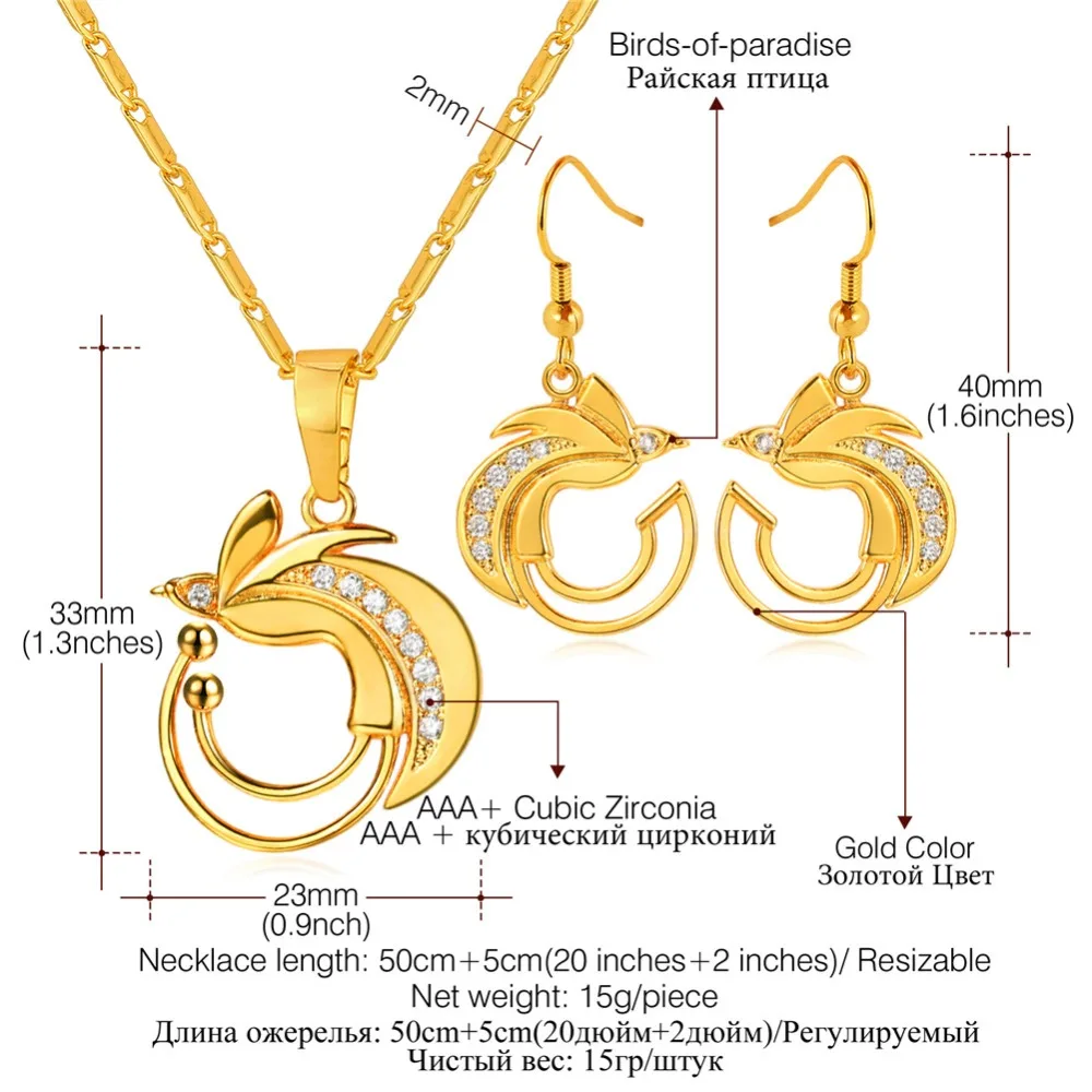 U7 золотого цвета ожерелье с Фениксом Висячие серьги для женщин кубический цирконий птица чудо Ювелирные наборы для соломы S1022