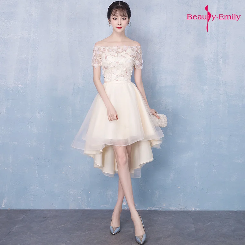 

Beauty Emily Boat Neck Elegant Evening Dresses Short Sleeve Lace Party Dress Front Short Long Back Prom Gowns Vestido de noche