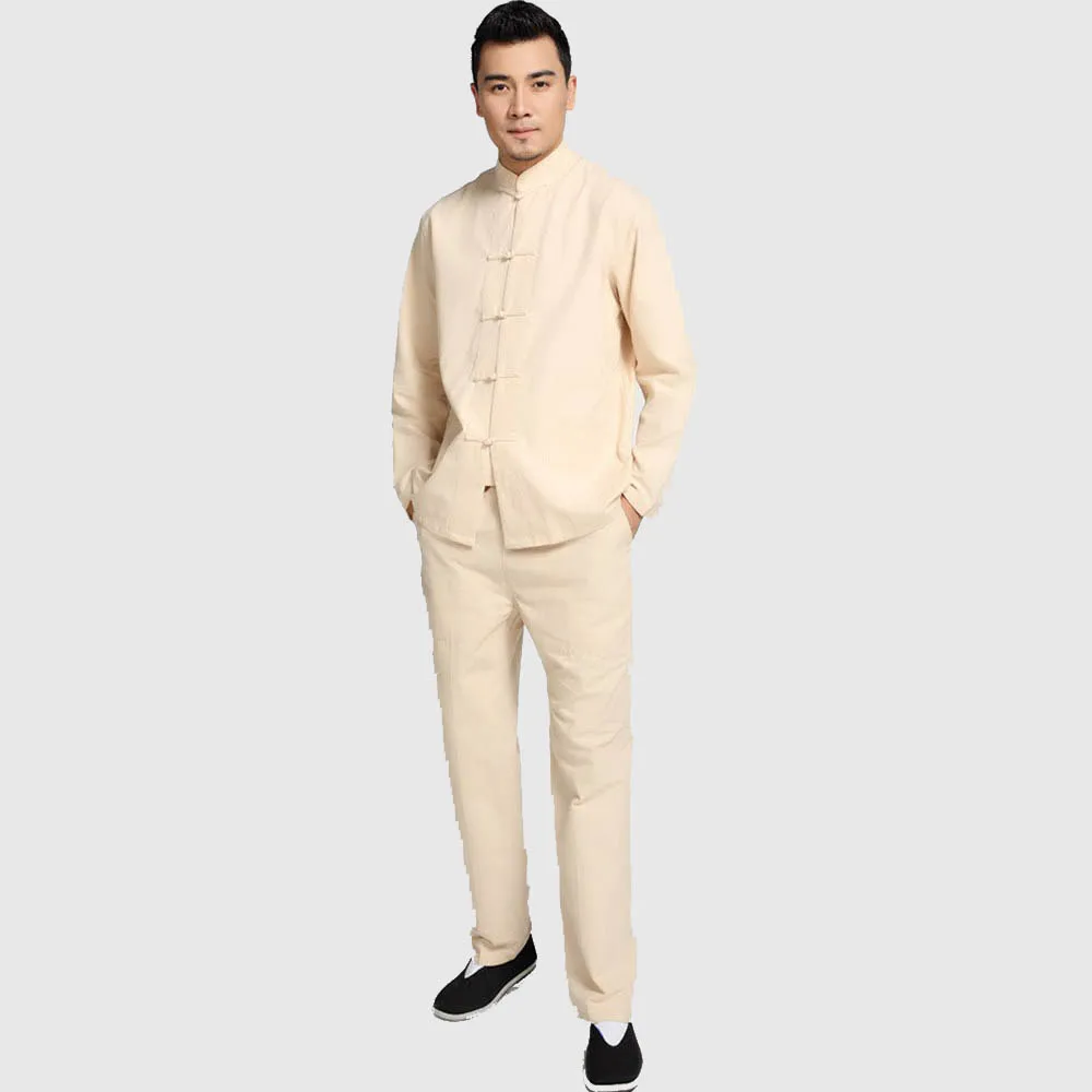 Novelty Chinese Men Solid Kung Fu Suit 100% Cotton Loose Wu Shu Tai Chi Sets Jacket&Trousers M L XL XXL 3XL 4XL YZT090610