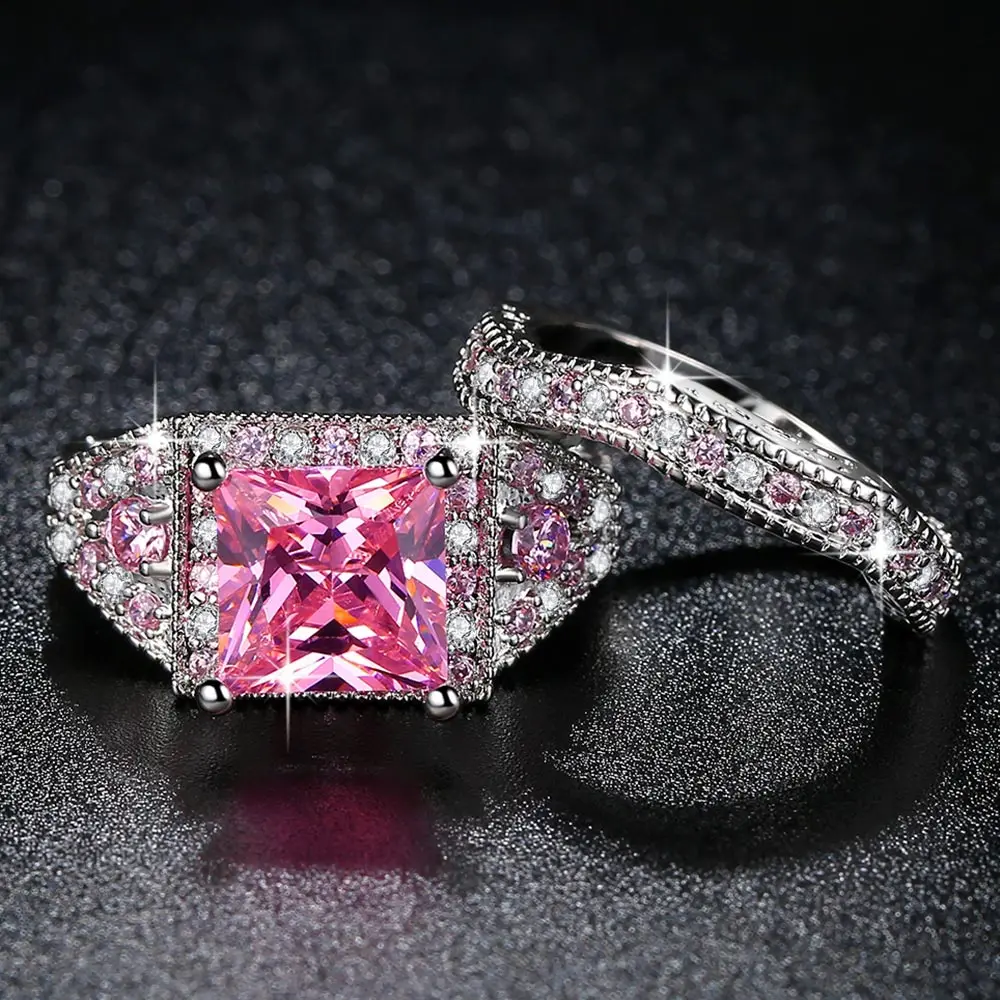 

Beiver Women White Gold Color Pink Full Crystal Square CZ Couple Wedding Ring Size 6-9