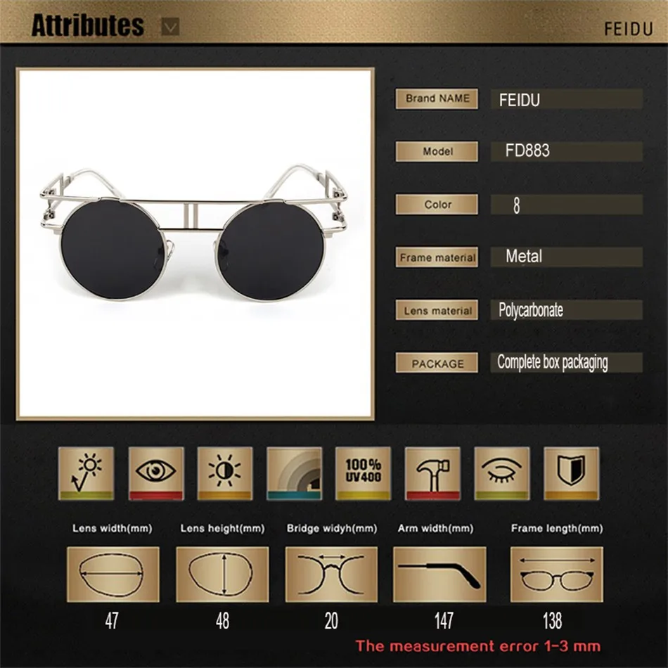 FEIDU ретро готические солнцезащитные очки в стиле стимпанк женские брендовые дизайнерские ретро с металлическим покрытием зеркальные Круглые Солнцезащитные очки Oculos De Sol Feminino