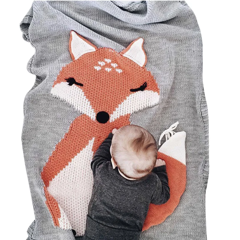 Knitted Baby Blanket Cotton Solid Kids Swaddle Cute Fox Blanket For Boy
