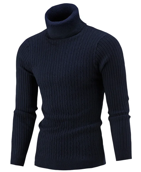 Мужской свитер, фирменные пуловеры, Повседневный свитер, мужской свитер с высоким воротником, однотонный, простой, приталенный, вязанный, мужские свитера, Мужской пуловер s - Цвет: Navy