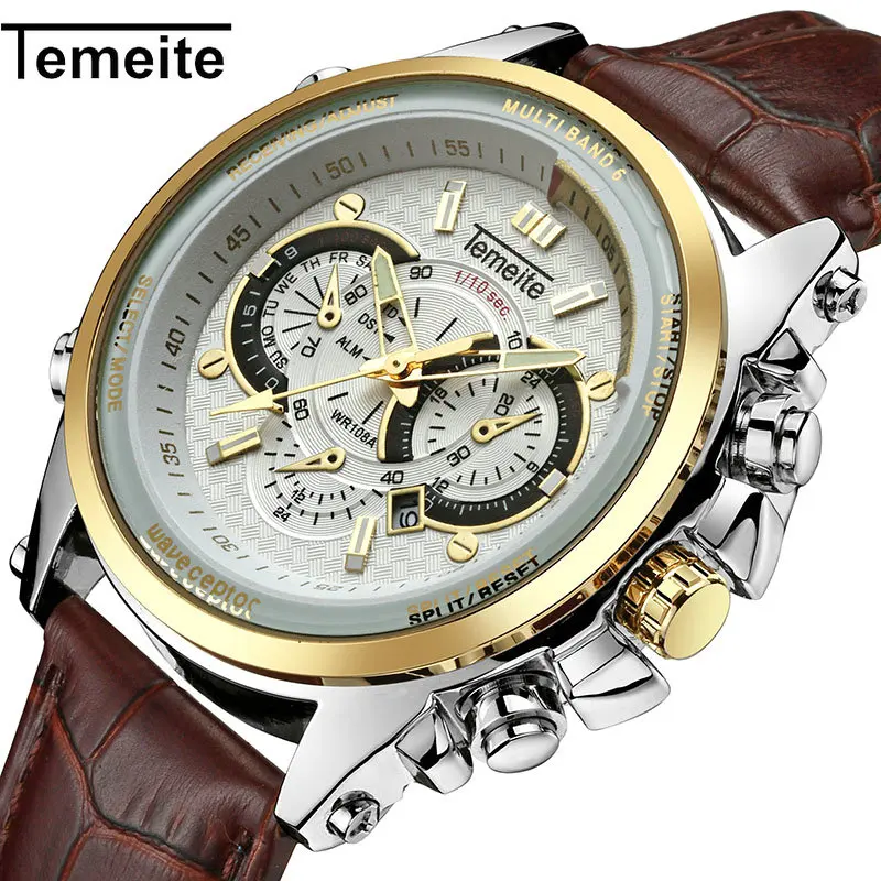 Ceny TEMEITE sport zegarek kwarcowy na co dzień mężczyźni brązowy skórzany pasek sub tarcze dekoracji Luminous Hands moda kalendarz zegarki