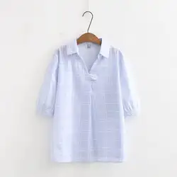 Большие размеры Блузки с открытыми плечами Женская 2018 Повседневная Turn-Down воротник плед Небесно-Голубой хлопковая рубашка летние женские