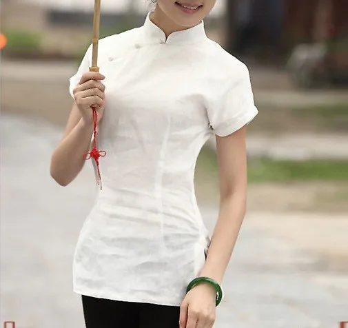 Шанхай история женская с коротким рукавом Китайский традиционный Топ Qipao рубашка Китайский стиль Топ Белый cheongsam Топ льняная блузка