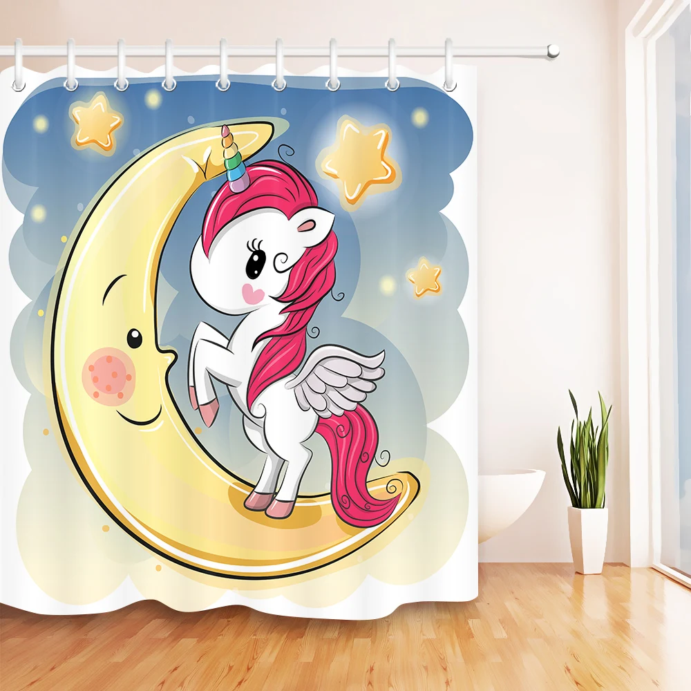LB Cute Cartoon Unicorn Girl on Moon Star Extra Long Shower Curtains Bathroom Waterproof Polyester Fabric For Kids Bathtub Decor | Дом и сад