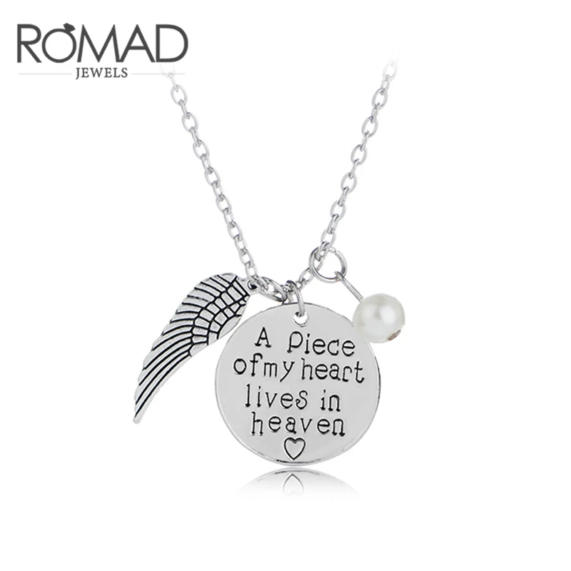 

ROMAD Angel Wings Necklaces Women Imitation Pearls Charms Necklace a piece of my heart lives in Heaven Gift for Daughter GF R4