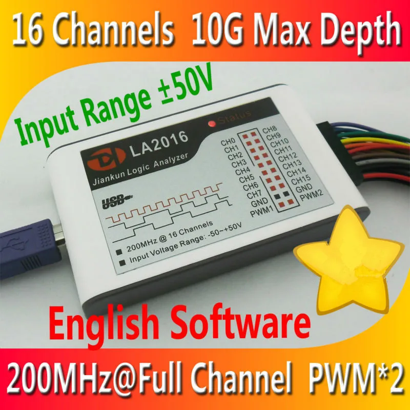 LA2016 USB Logic Analyzer 200M MAX Sample Rate 16Channels 10B Samples MCU ARM FPGA Debug Tool English software