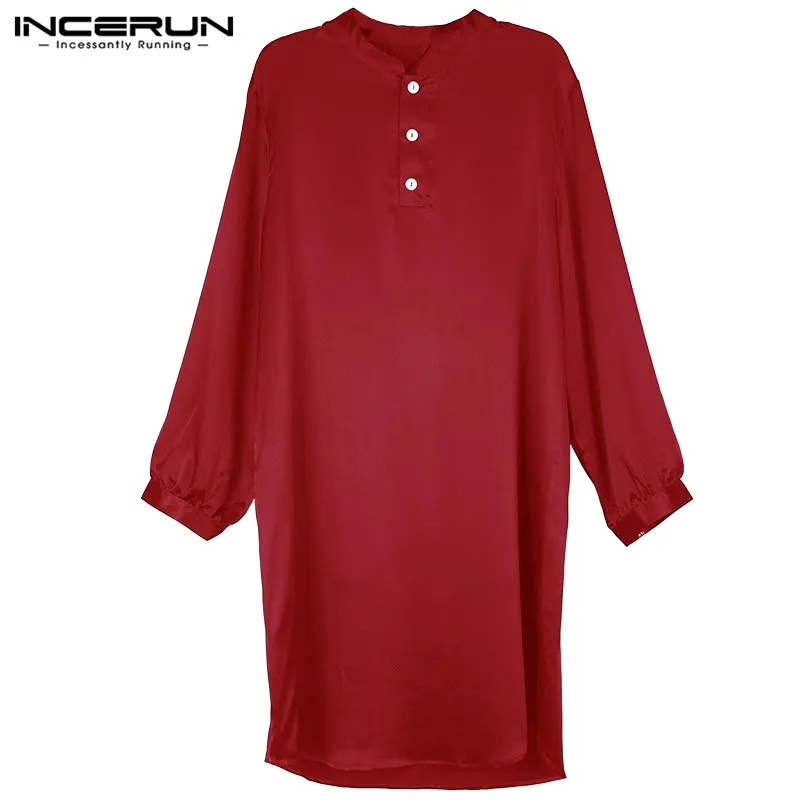 INCERUN, мужские шелковые атласные пижамы, халаты с длинным рукавом, Одноцветный халат, домашняя одежда для мужчин, мягкая повседневная мужская одежда, одежда для сна размера плюс - Цвет: Red