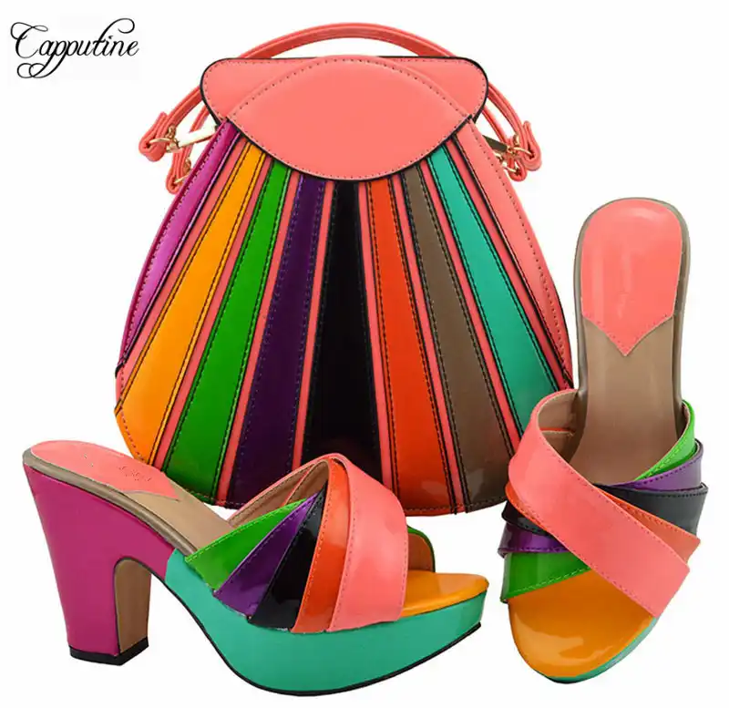 peach sandals and bag