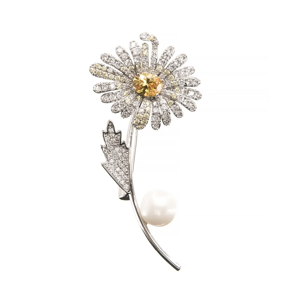 

5A Cubic Zirconia Artificial Pearl Flower Daisy Brooch Broach Pin High Quality Women Jewelry Dress Accessories HR01649SIL