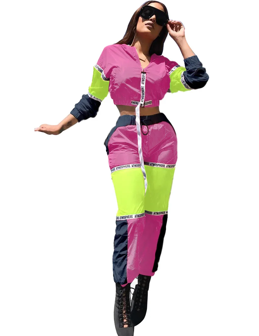 Модный спортивный женский спортивный костюм с капюшоном, короткие куртки с буквенным принтом, длинные штаны, костюмы, комплект из двух предметов, наряд GLA3068 - Цвет: Фуксия