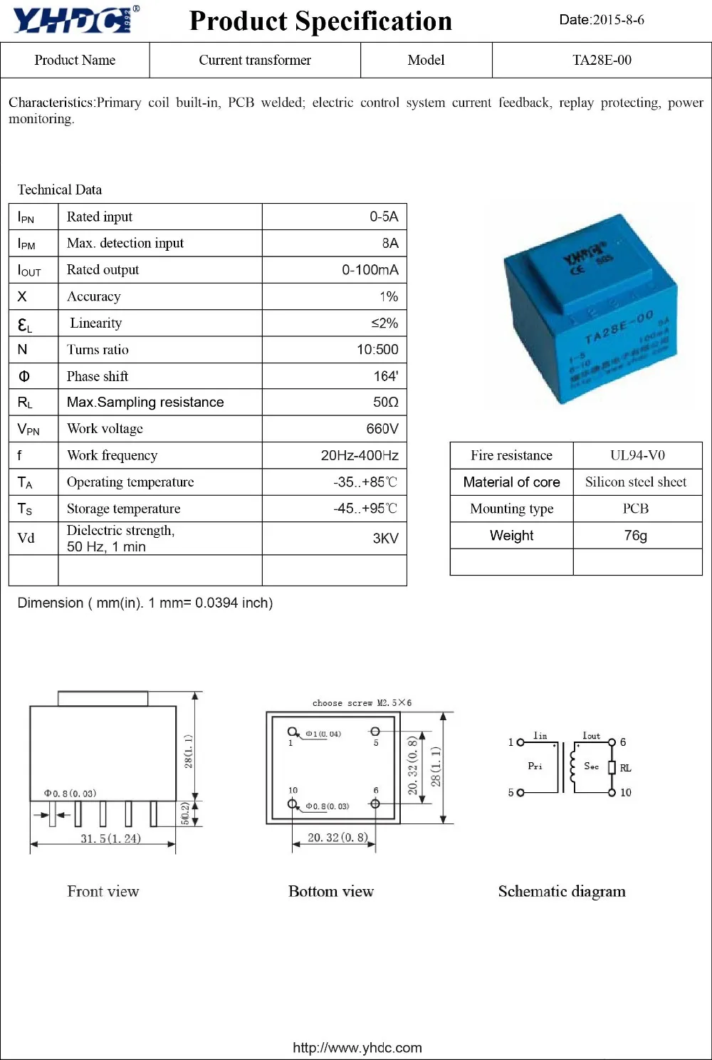 YHDC TA28E-00 Первичная катушка встроенный тип трансформатор тока вход 0-5A выход 0-100mA 10:500 монтажа на печатной плате