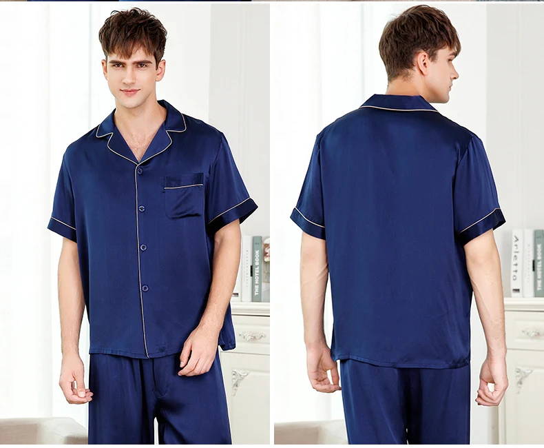 2xl Мужские пижамные комплекты шелк 2019 человек лето сплошной цвет синий красный с короткими рукавами длинные штаны пижамный комплект пижамы