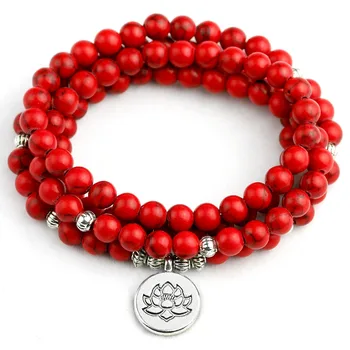 

Woman Mala Necklace & bracelets Red Howlite Stone 6MM Beaded Yoga Bracelet Buddha Lotus 108 Beads Yoga Bracelets Jewelry