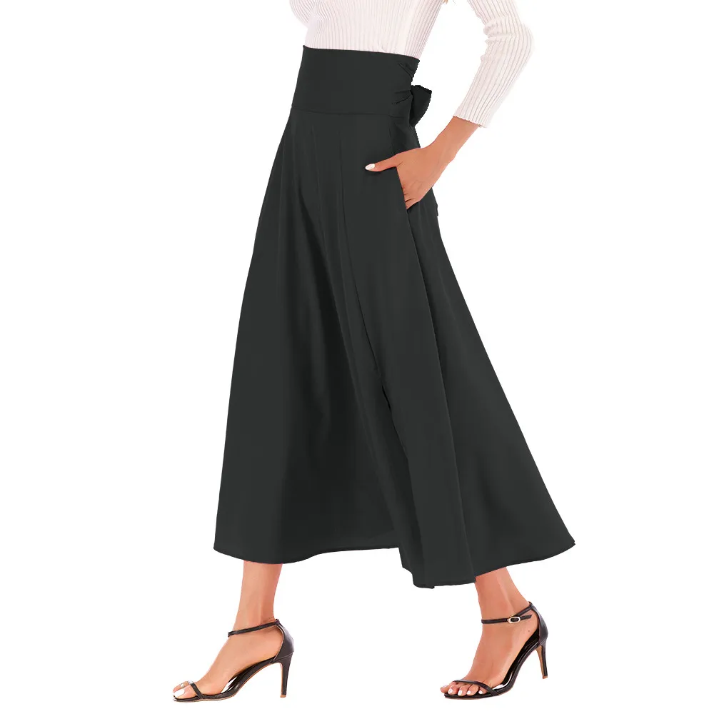 

Elegant Women High Waist Pleated Skirts A Line Solid Summer 2019 Front Slit Belted Bandage Bow Ankle-Length Maxi Skirt