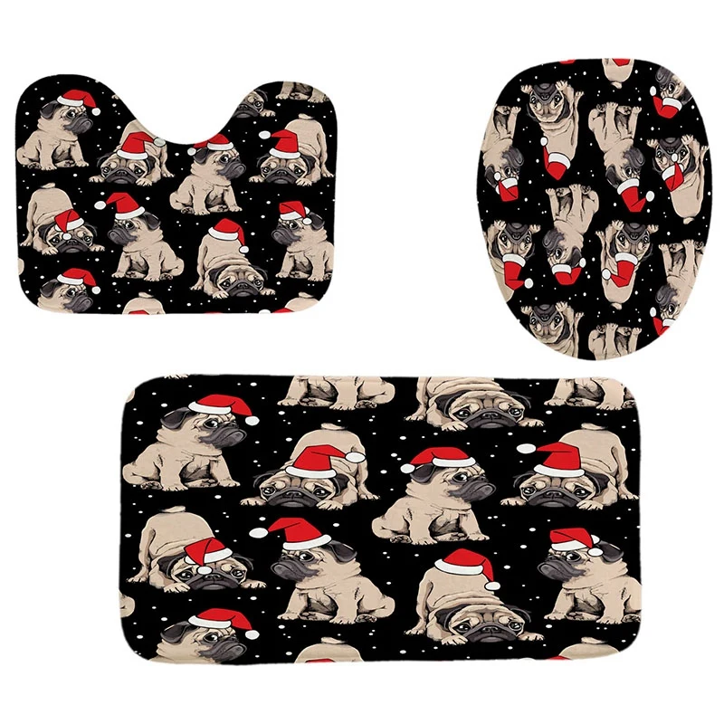 4 шт. Домашний набор для декора ванной комнаты, классный черный фон, Рождественская собака, узор, чехол для унитаза, набор ковриков для ванной+ водонепроницаемый Душ Cur