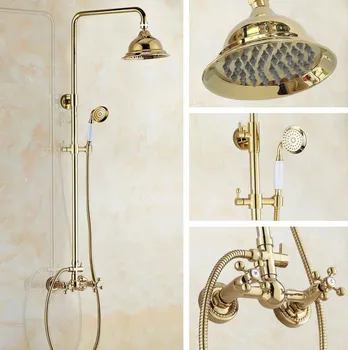 

Luxury Polished Gold Color Brass Dual Cross Handles Bathroom Round Rainfall Shower Faucet Set Bath Mixer Tap mgf336