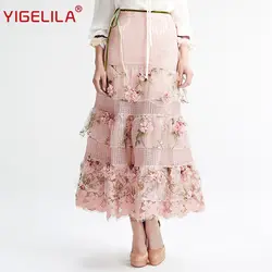 Бренд YIGELILA 5323 последние новые для женщин Мода Розовый Высокая талия кружево вышивка макси юбка