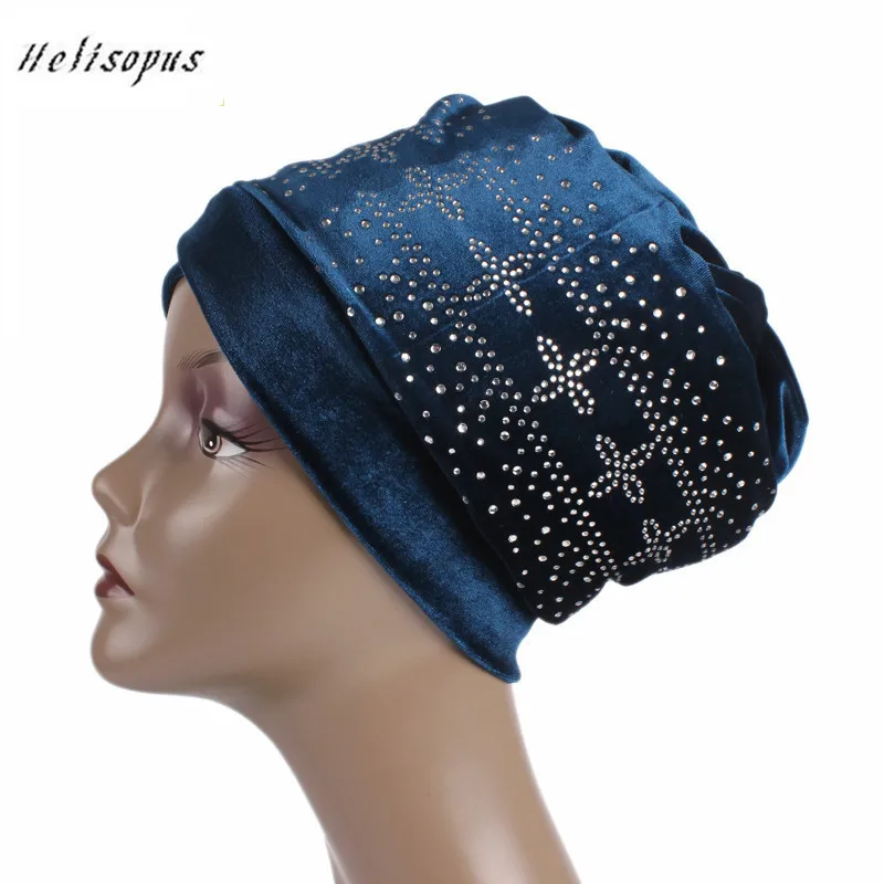 

Helisopus Winter New Women Studded Velvet Long Tailed Headscarf Women Hair Accessories Muslim Hijab Bandanas Women Scarf Caps
