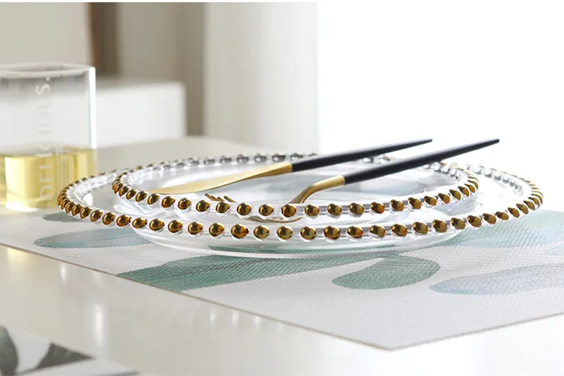 Gold Rim glass pearl tray transparent glass beads plate fruit cake Western dish plate golden edge plate (6)