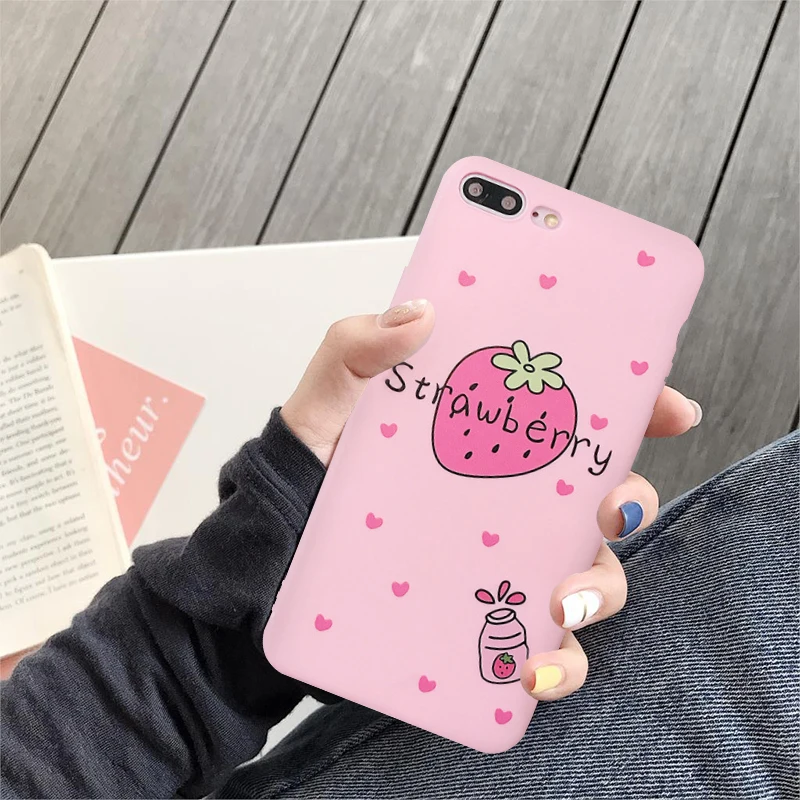 

JAMULAR Cute Cartoon Strawberry Flower Phone Case For iPhone 7 XS MAX XR X 8 6 6s Plus Girl Soft Pink Back Cover Matte Fundas