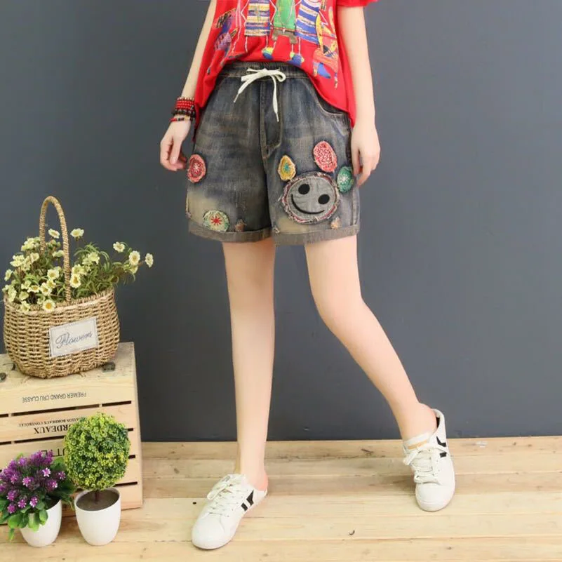 

QPFJQD Ethnic 2019 Summer Women Short Jeans Holes Casual Cartoon Embroidered Denim Shorts Pants Elastic High Waisted Lace Up