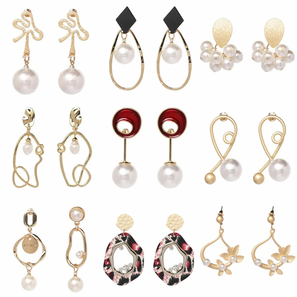 

JUJIA 9 Designs Simple Design Simulated Pearl Gold Metal Irregular Drop Earrings for Women's Trendy Statement Accessory Jewelry