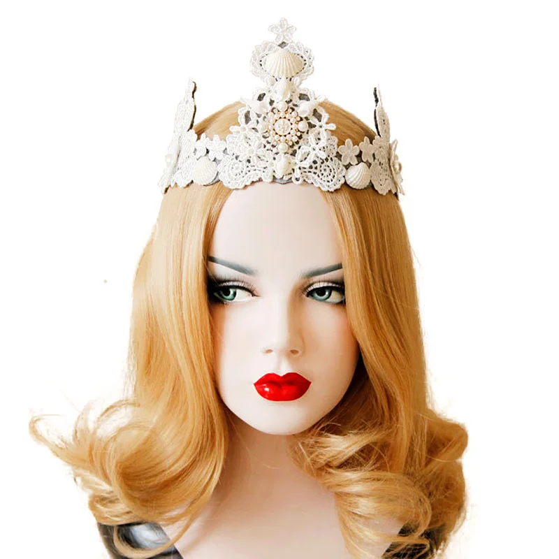 

Elastic Headband Women Baroque White Flower Shell Conch Stone Pearl Lace Crown Tiara Hairband Bridal Wedding Hair Accessories