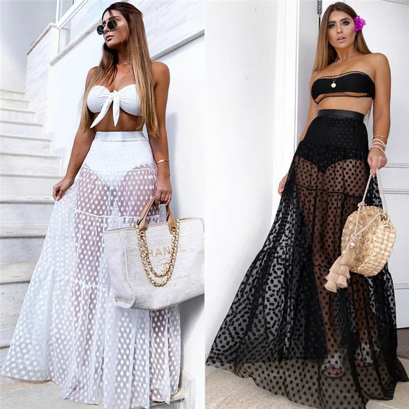 

Summer New Long Skirts For Women Sexy Skirt High Waist Dot Dress Summer Transparent Long Maxi Skirt Skirts Womens Fashion