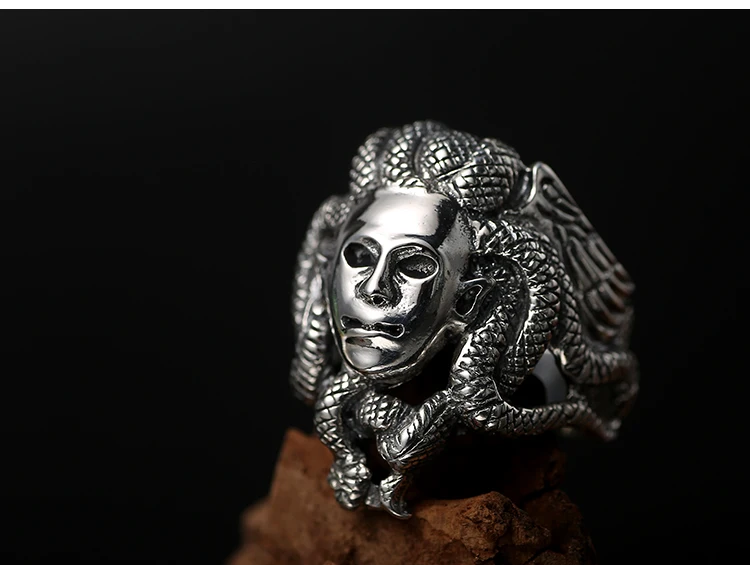 ZABRA Luxury Solid 925 Sterling Silver Men Ring Budda God Head Vintage Black Color Punk Mens Rings Domineering Gothic Jewelry