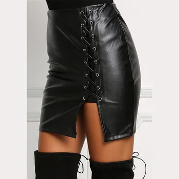 

Newly Sexy Women Lace Up PU Leather Skirt Spring Autumn Side Split Bodycon Mini Pencil Skirt DO99