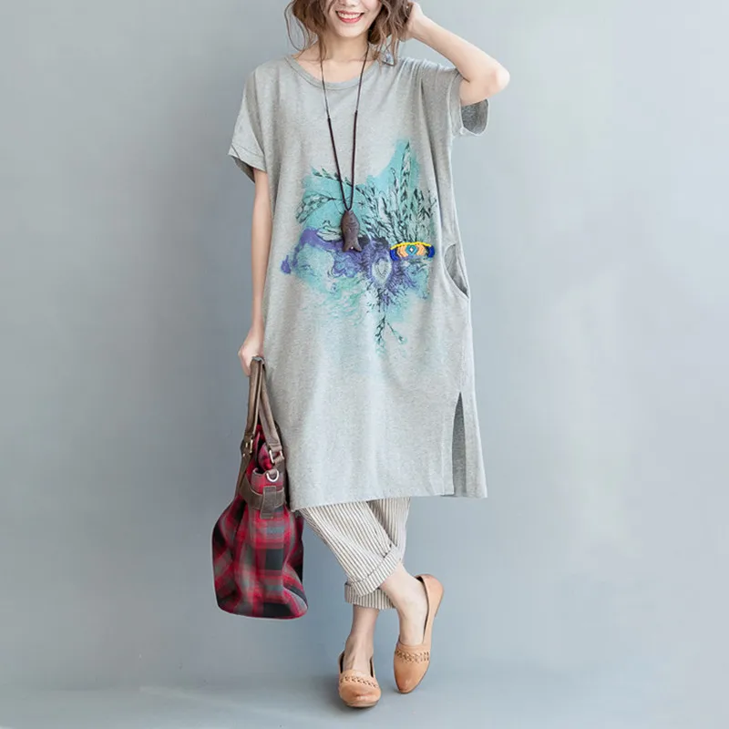 

Johnature 2019 Summer Solid Color Casual Print Patchwork Beading Dresses New Loose O-Neck Short Sleeve Black Gray Women Dresses
