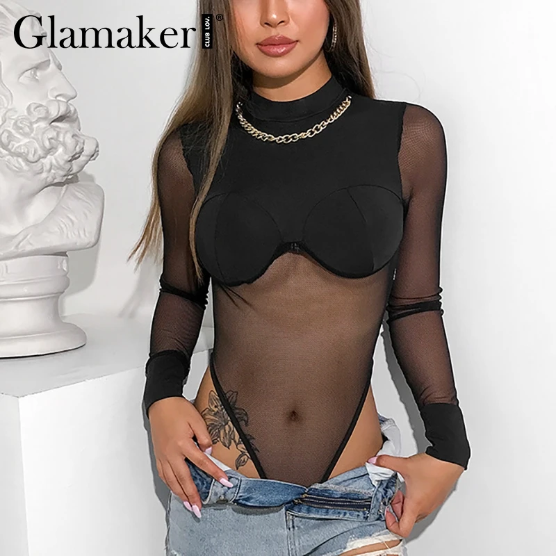 Glamaker شاش شفاف خليط مثير ارتداءها النساء السود طويلة الأكمام قصيرة بذلة السروال القصير الإناث الصيف bodycon ارتداءها