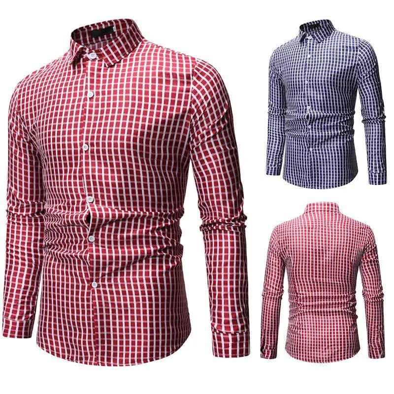 

Casual Mens Dress Shirts Plaid Men's Shirt Long sleeve Blouse Men clothing Lapels Fashion Red Blue