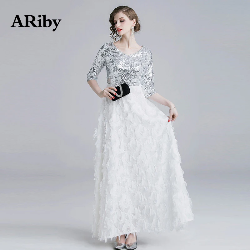 Women Dress Long Maxi Party White Dress 2019 Spring/Summer Lady Fashion Elegant Sequined+Tassel Patchwork V-Neck A-Line Dress