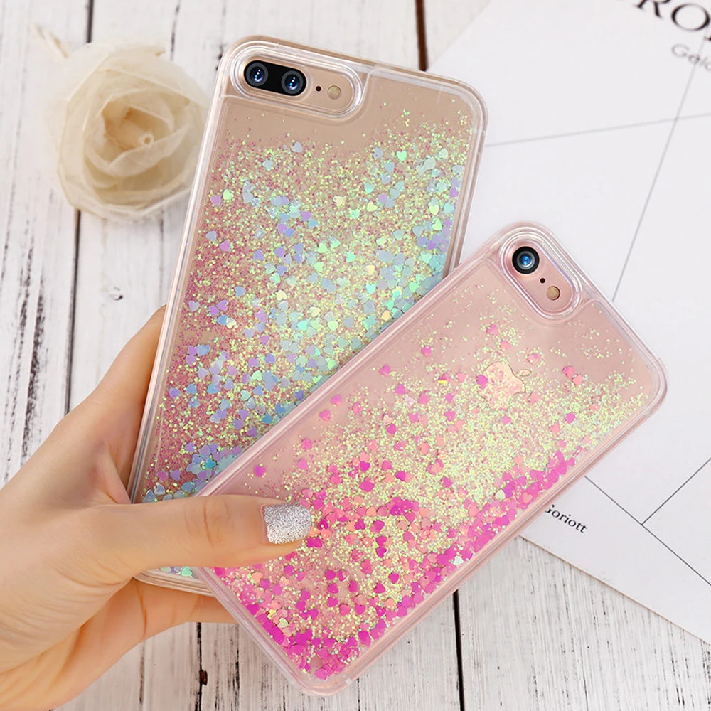 Glitter Phone Case For iPhone 7 6 6S Plus Bling Heart Liquid