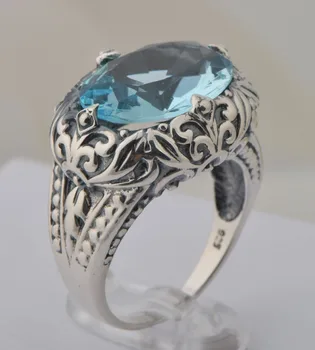 

Only beautiful palace restoring ancient ways carving queen noble jewelry 925 silver fashion Aquamarine female rings
