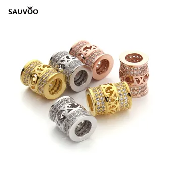 

SAUVOO 2pcs/lot Rose Gold/Gold/Rhodium Color Micro Paved CZ Crystal Beads Hollow Flower Tube Charm Beads for Necklace Bracelet