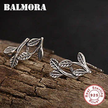 

BALMORA 925 Sterling Silver Retro Leaf Ethnic Stud Earrings for Women Party Fashion Silver Earrings Jewelry Brincos JWE1003