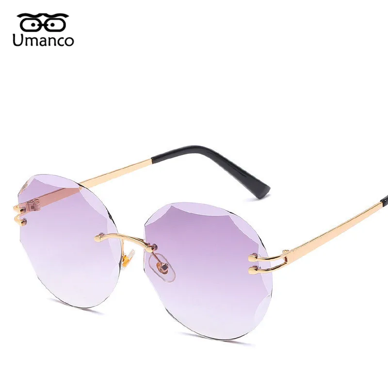 

Umanco Fashion Round Rimless Sunglasses Women Metal Dazzling Clear Ocean Lens Gradient Mirrors Eyewear Vintage Traveling Goggles