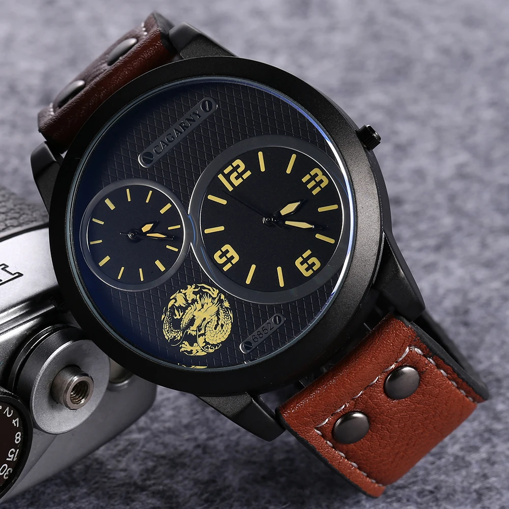 drop shipping cool big case men watches leather strap dual time zones sport mens quartz watch male clock dz style brave for men high quality (7)
