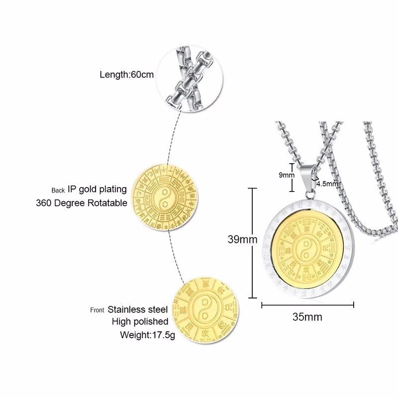 Мужская Двухцветная вертушка сплетни Китайский Персонаж ожерелье из нержавеющей стали даосизм Инь Ян Тай Чи боевые искусства мужские ювелирные изделия