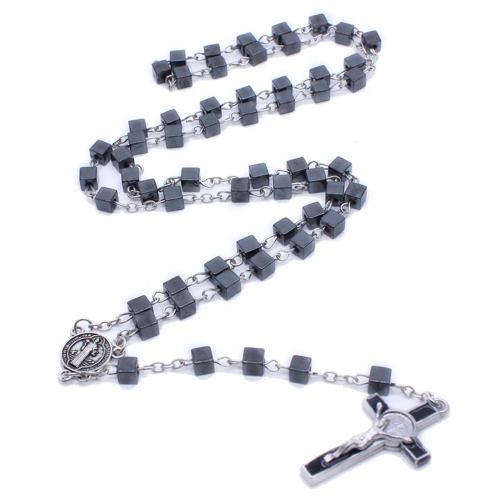 Квадратное черное украшение с коричневым камнем и крестом ожерелье религиозный орнамент католические четки ожерелье