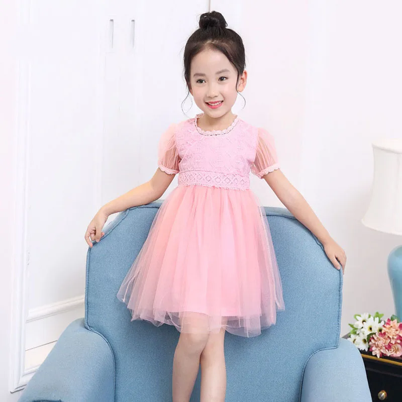 

Summer Cute Kids Mesh Flower Girls Dress O-Neck Ruched Princess Birthday Party Mini Vestido Baptism Clothing Puff Sleeve