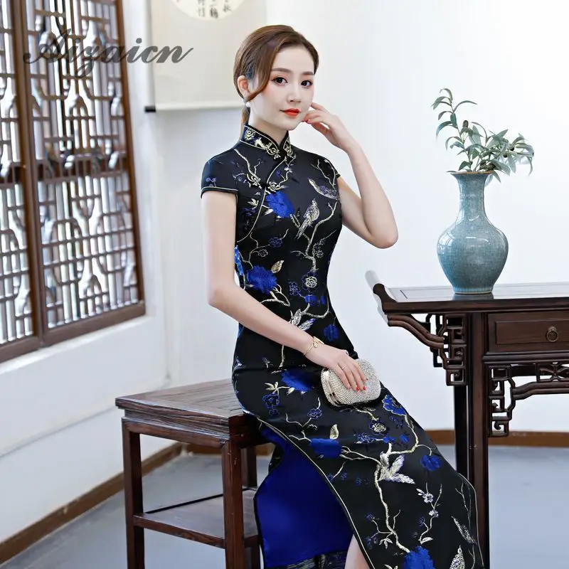 Восточный стиль ретро длинный Cheongsam черный Chinoise тонкий Qi Pao для женщин Китайская традиционная одежда платье Ципао Женская Роба в восточном