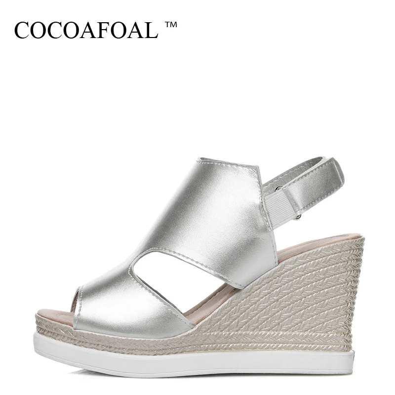 

COCOAFOAL Women Silver Wedges Sandals Plus Size 33 - 43 High Heels Sandals Sexy Platform Peep Toe Aprico Black Summer Pumps 2018