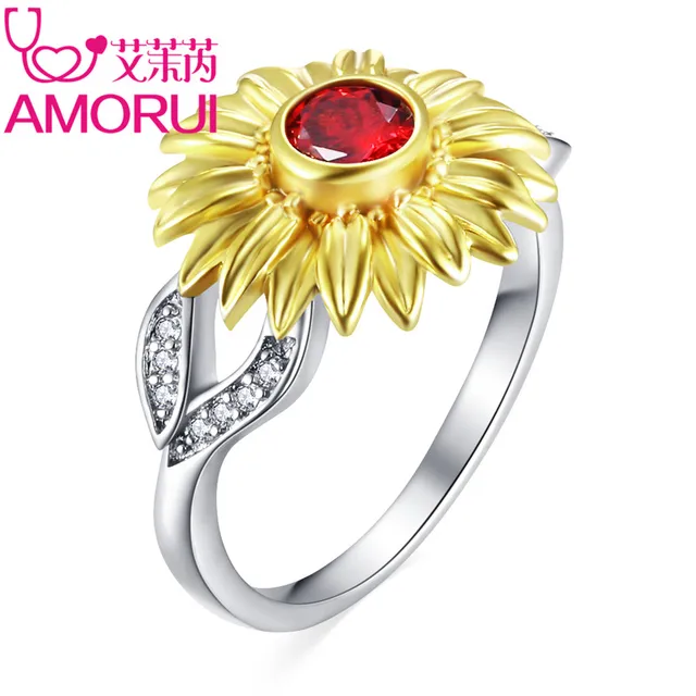 AMORUI Cute Gold Sunflower Silver Plated Red/Purple CZ Birthday Stone Wedding Ri AMORUI Cute Gold Sunflower Silver Plated Red/Purple CZ Birthday Stone Wedding Ri