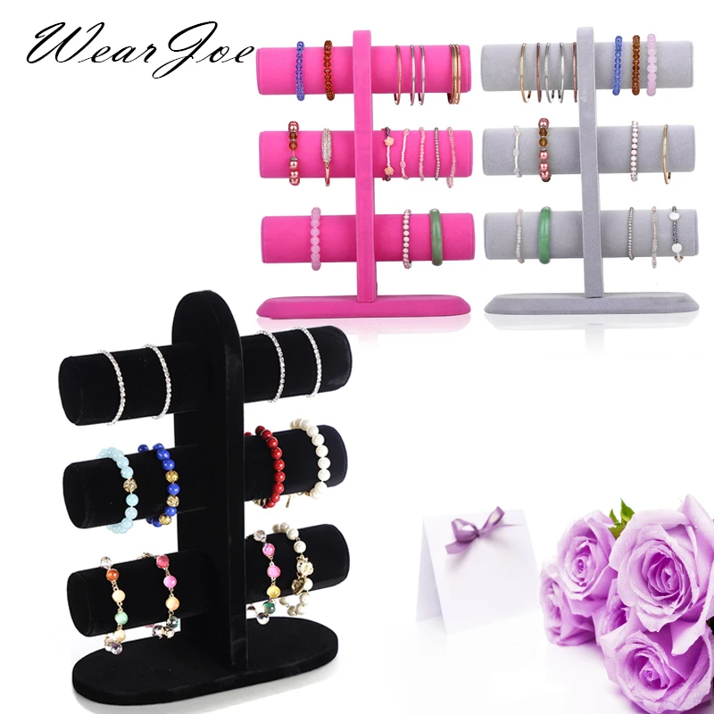 

Grade 3 Layers Sturdy Store Counter Jewellery Trinkets Display Stand T-Bar Wood Holder Organizer For Bangle Necklace Chain Watch